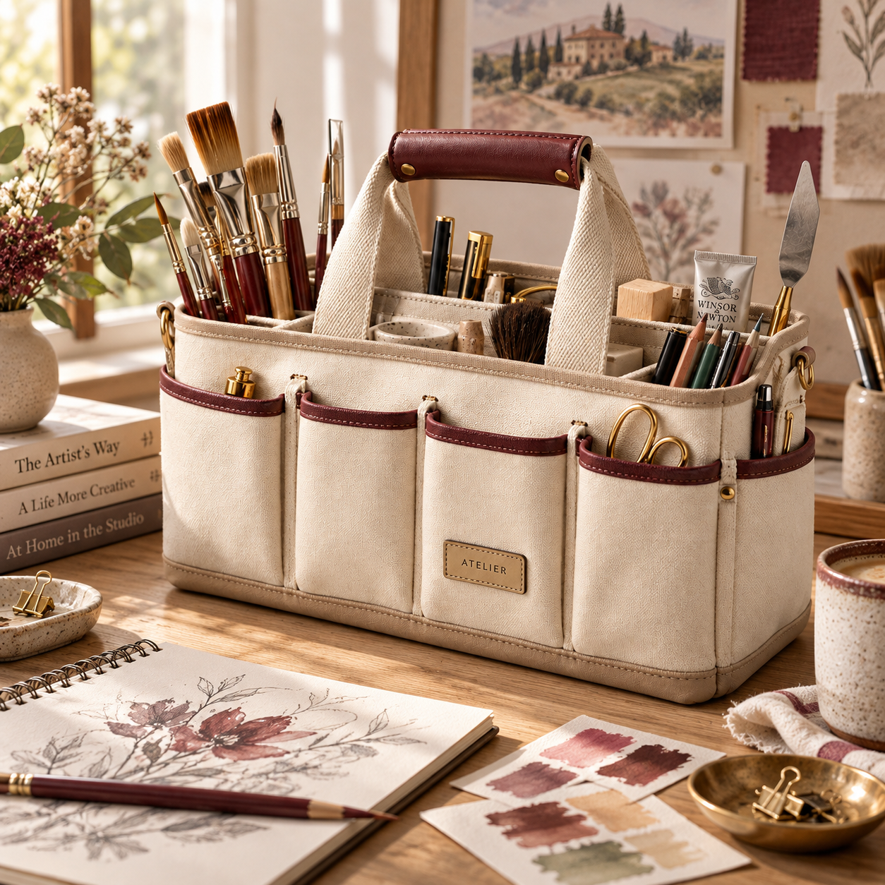 Brush caddy arranged with everyday studio tools.