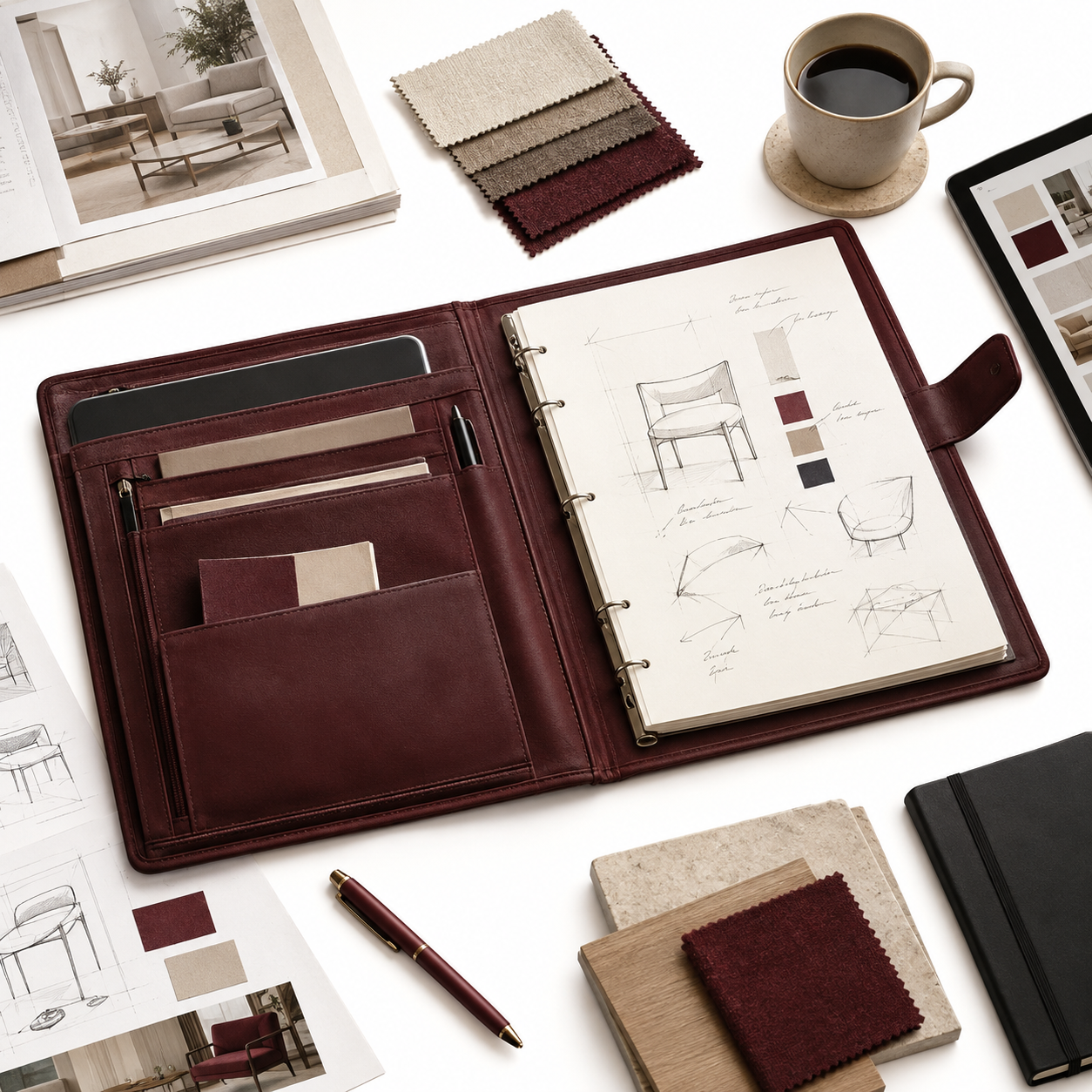 Shown open with sketchbook and card organization.