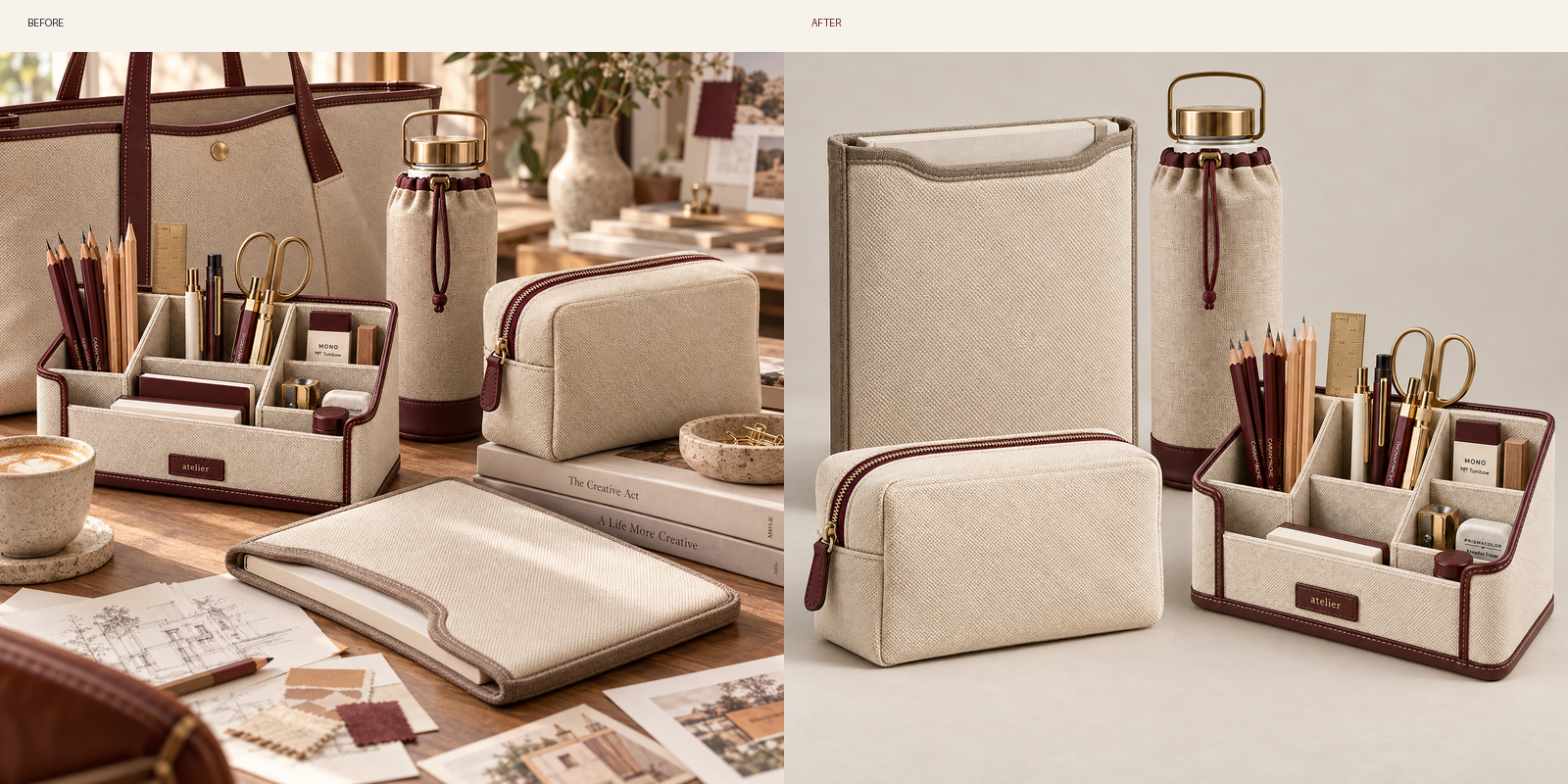 Before and after workspace organization using the Studio Carry System.