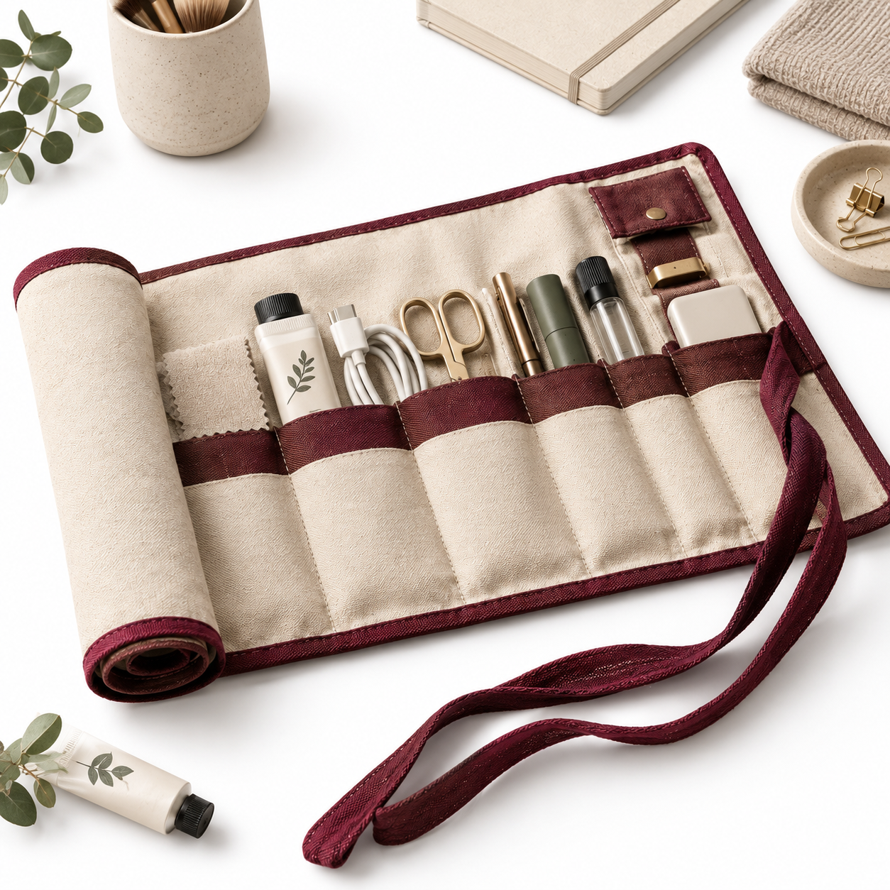 Close-up of the woven canvas and tool compartments.
